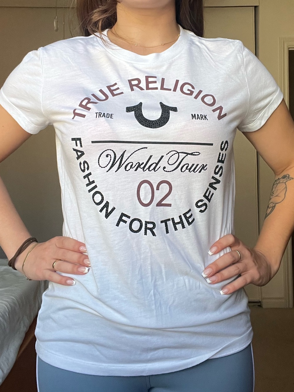 True Religion White Graphic Tee with Maroon and Black Logo